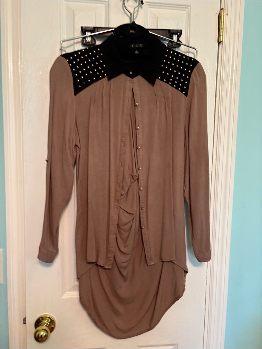 Studded Taupe Button-Down Shirt with Black Yoke